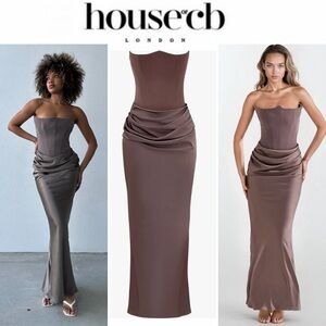 HOUSE OF CB Persephone Gown - Pebble Grey Elegant Strapless Small A/C NWT 329$
